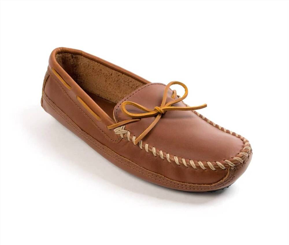 NEW MINNETONKA men's double bottom driver moccasins in chestnut smooth leather